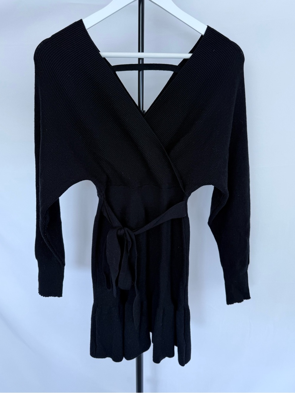Black V-Neck Wrap Sweater with Tie Waist